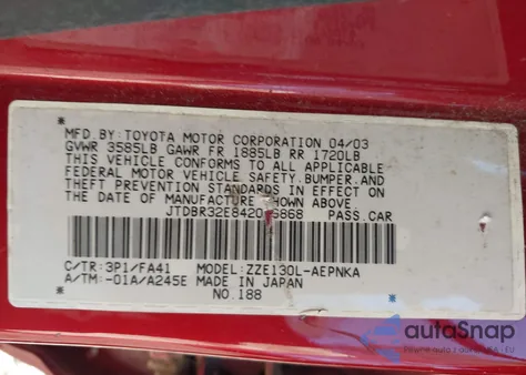 2004 Toyota Corolla Le z USA, uszkodzony, nr VIN JTDBR32E842016868